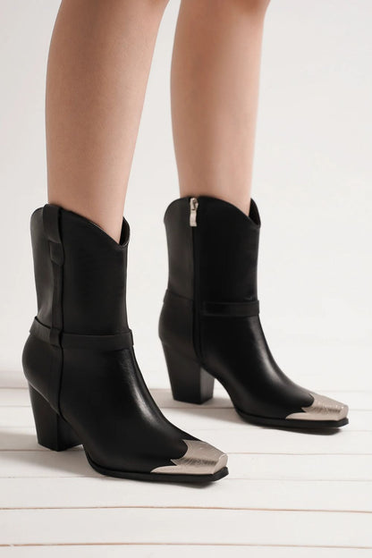 Black Faux Leather Metal Toe Ankle Boots - Tigbul's Variety Fashion Shop