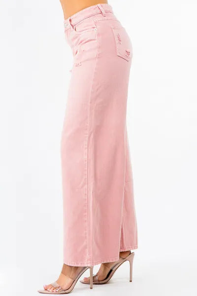 Pink High Waist Distressed Wide Leg Jeans | Tigbuls Variety