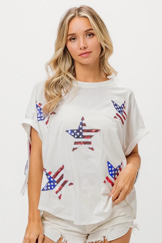 American Flag Sequin Star Fringe Top - Tigbul's Variety Fashion Shop