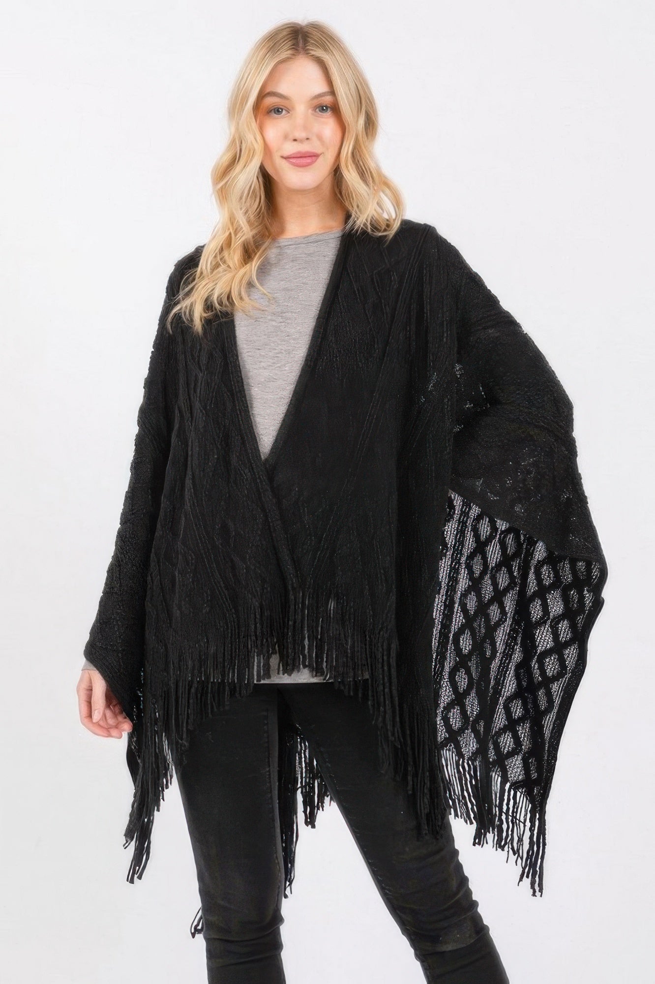 Diamond knit ruana in dark black with fringe tassels, open front shawl