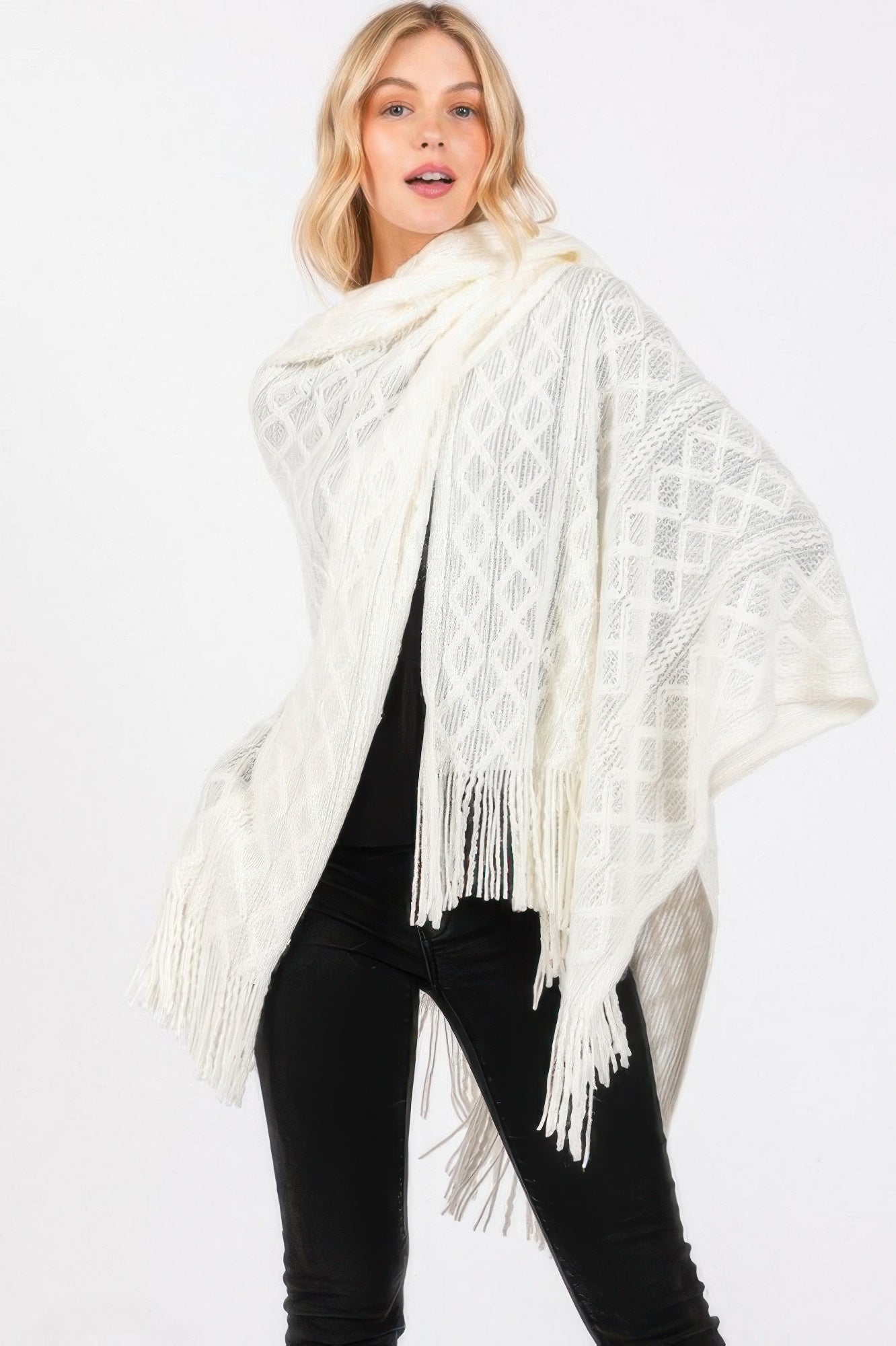 Ivory diamond knit ruana scarf-style wrap with fringed tassel ends