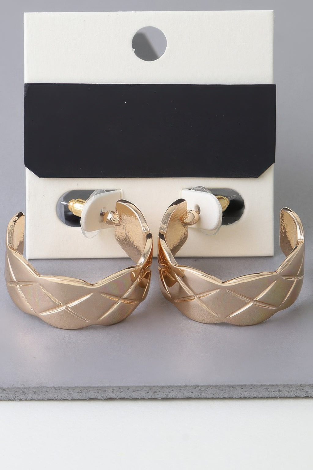 Gold diamond quilt-cut hoop earrings, textured crisscross pattern