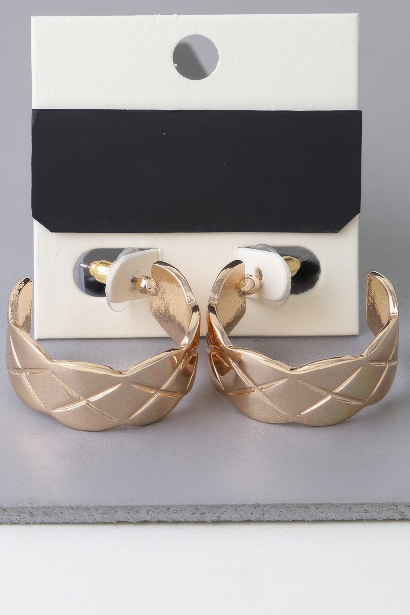 Gold diamond quilt-cut hoop earrings, textured crisscross pattern