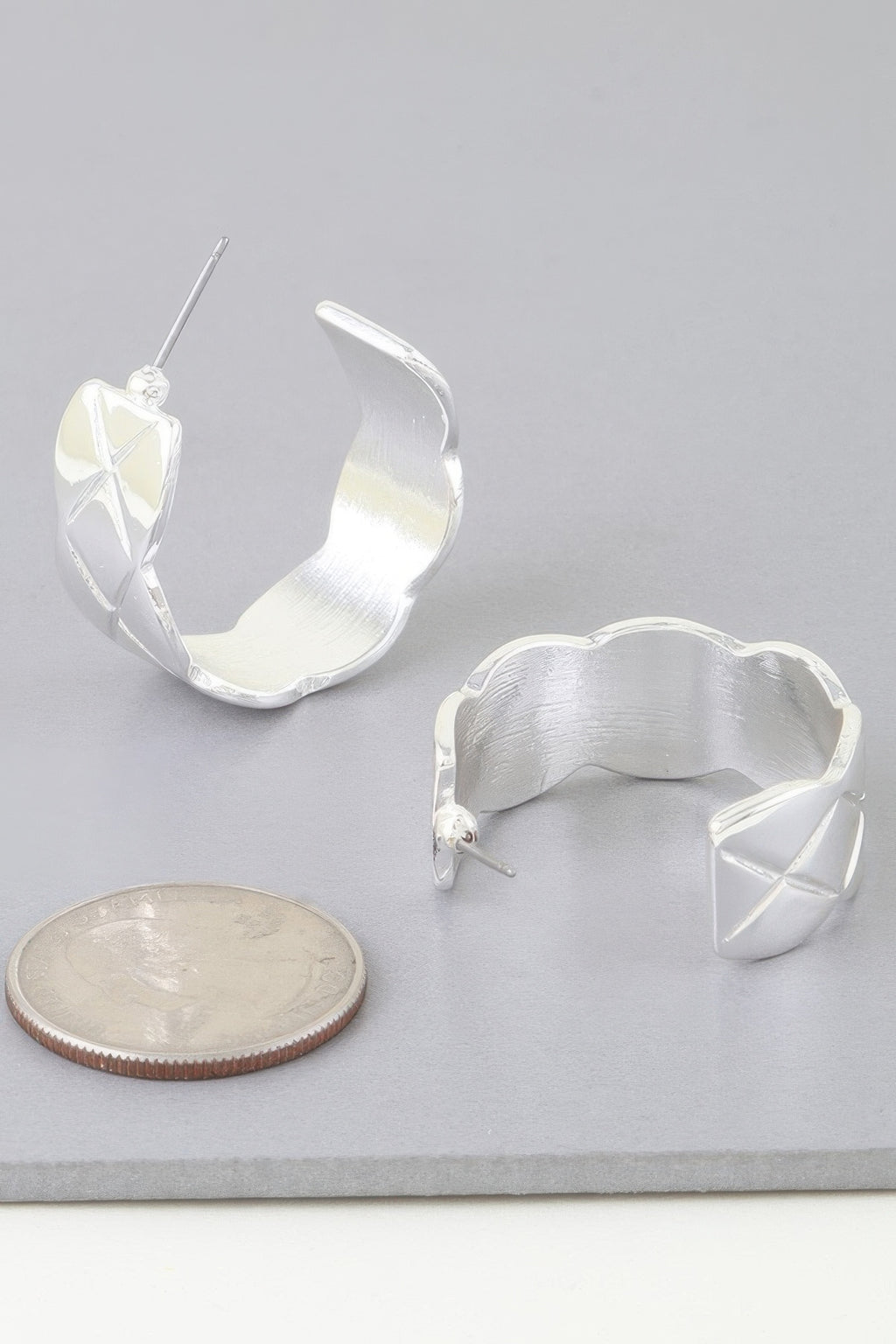 Silver diamond quilt-cut hoop earrings, textured band with stud back