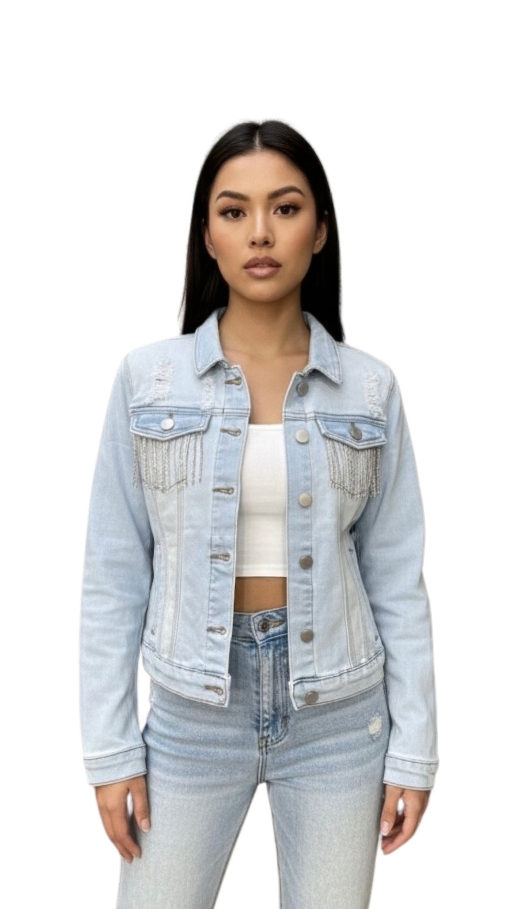 Light wash distressed denim jacket with rhinestone fringe at shoulders and pockets