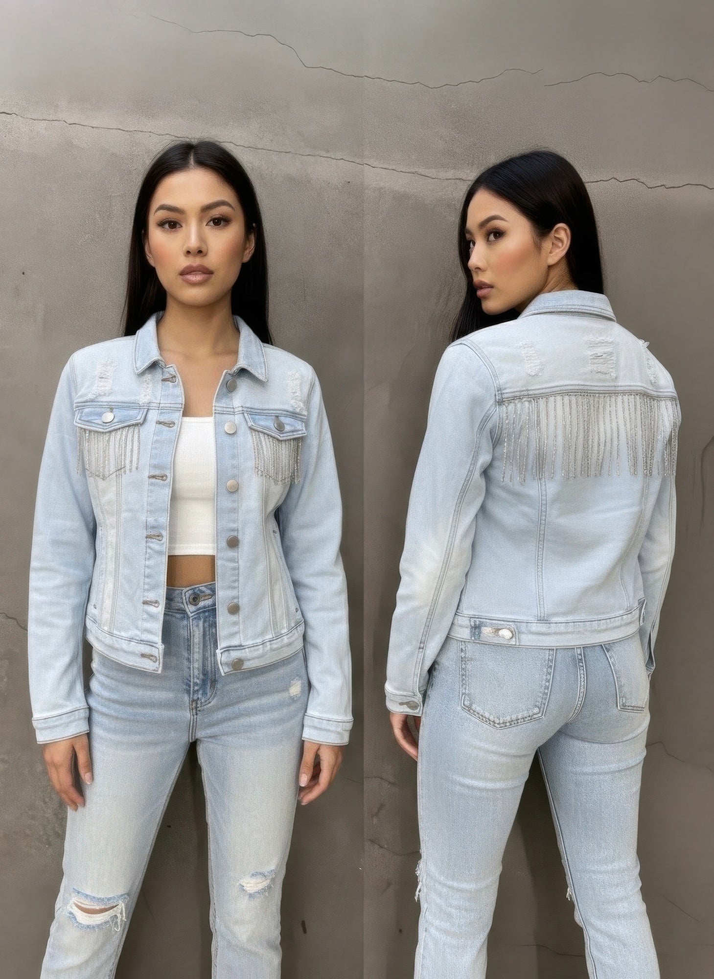 Distressed light wash denim jacket, rhinestone fringe on back yoke
