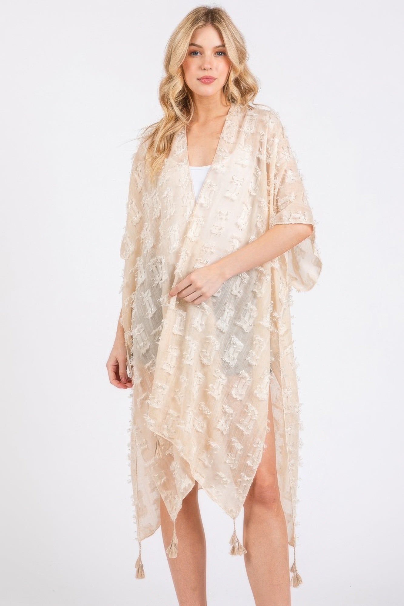 Distressed pattern tassel kimono, beige open-front overlay with short sleeves