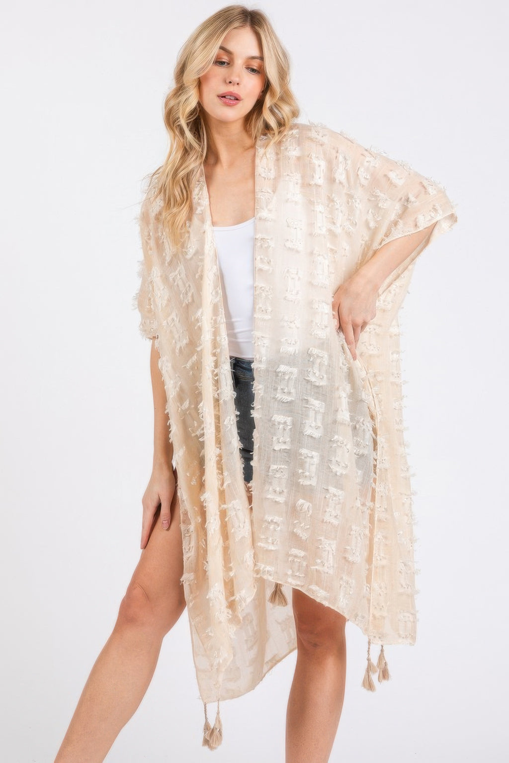 Beige distressed pattern tassel kimono with side split hem and fringe tassels