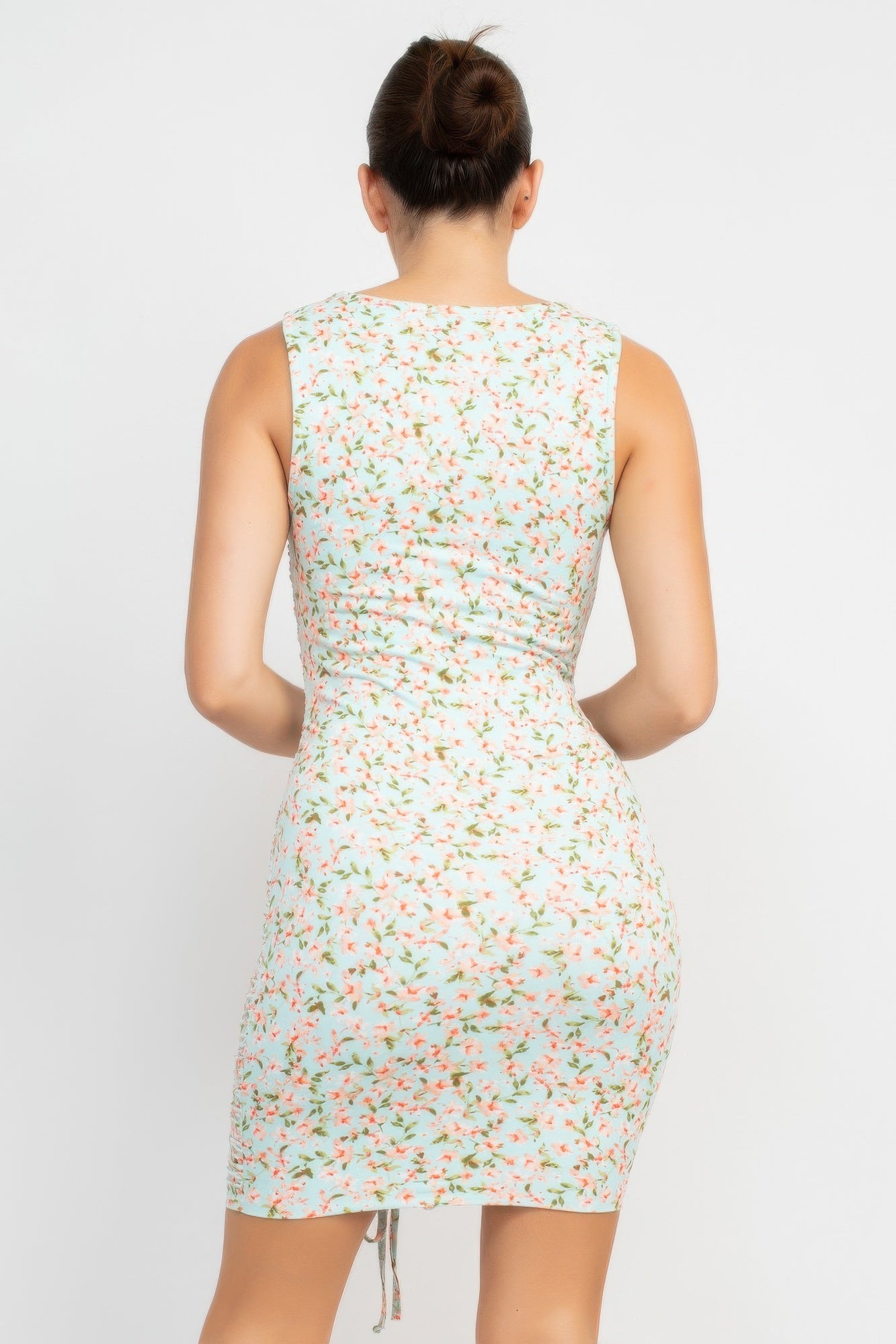 Mint/sage ditsy floral sleeveless back view, ruched waist mini dress