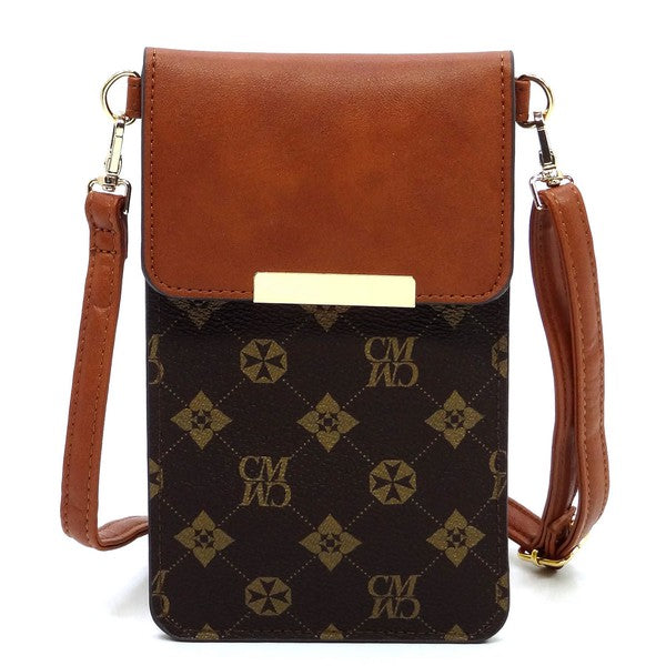 CM monogram cell phone crossbody bag in brown with top flap and gold bar clasp