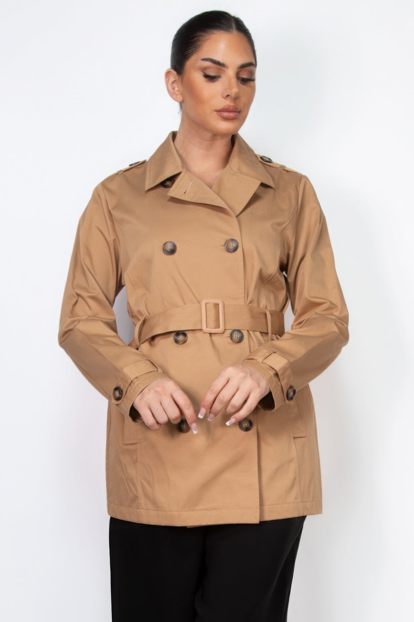 Camel double-breasted belted coat with front buttons and structured collar