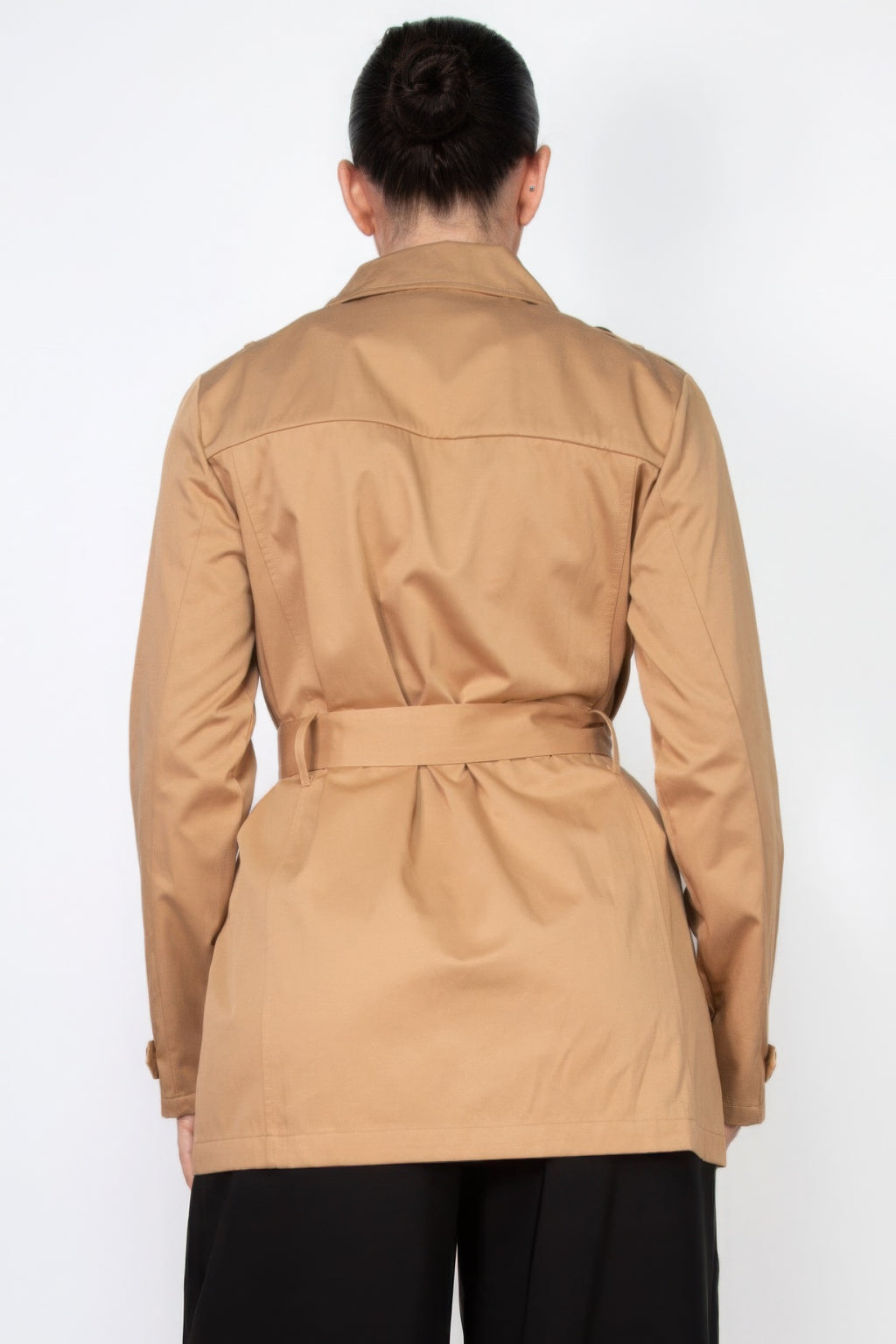 Camel belted double-breasted coat back view with waist tie and seam details