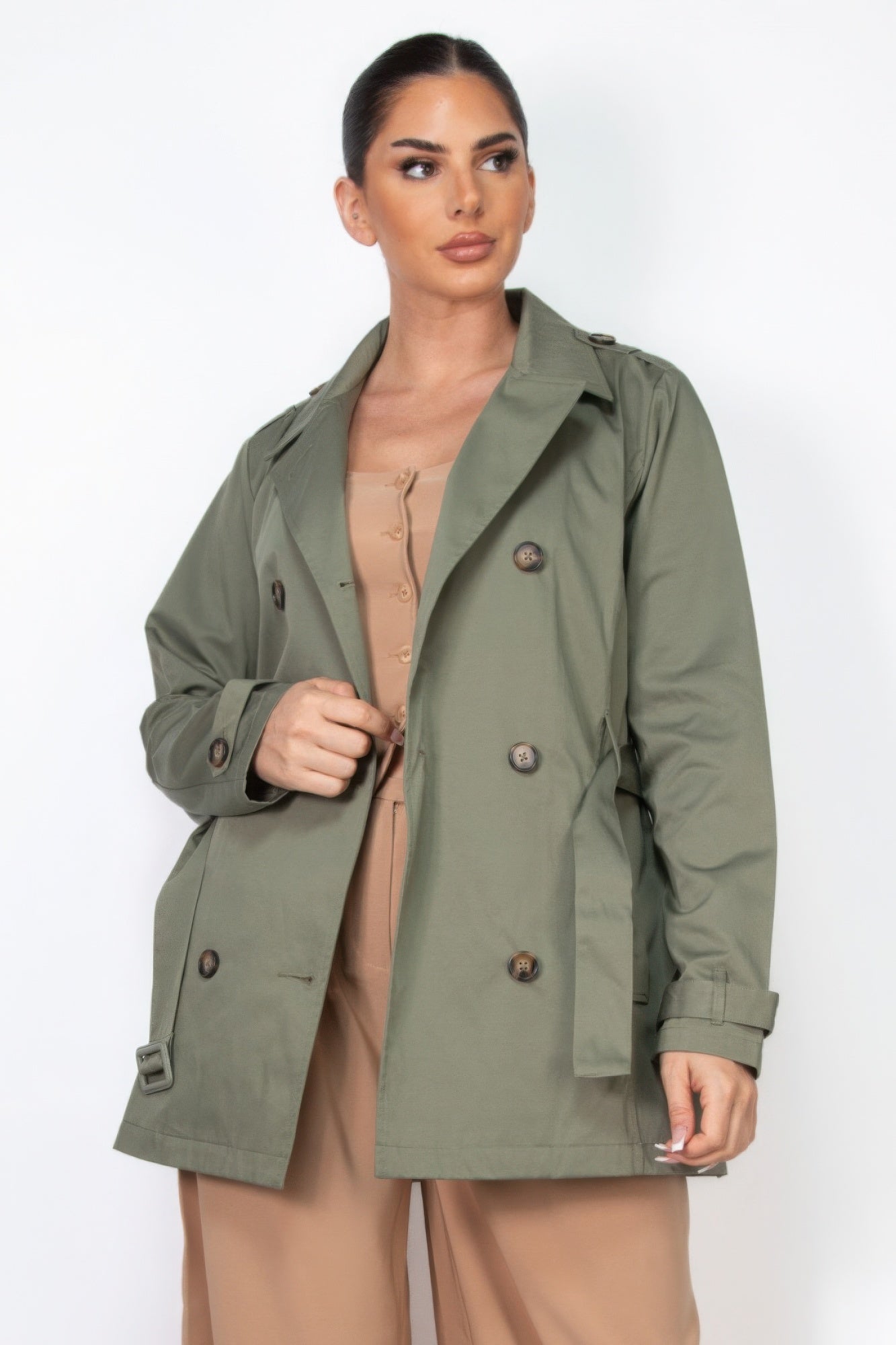 Dark olive double-breasted belted coat with notch lapels and metal buttons