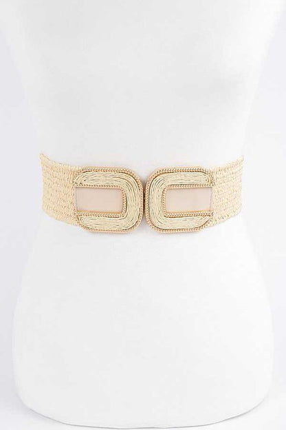 Double Buckle Faux Straw Elastic Belt - Tigbul's Variety Fashion Shop