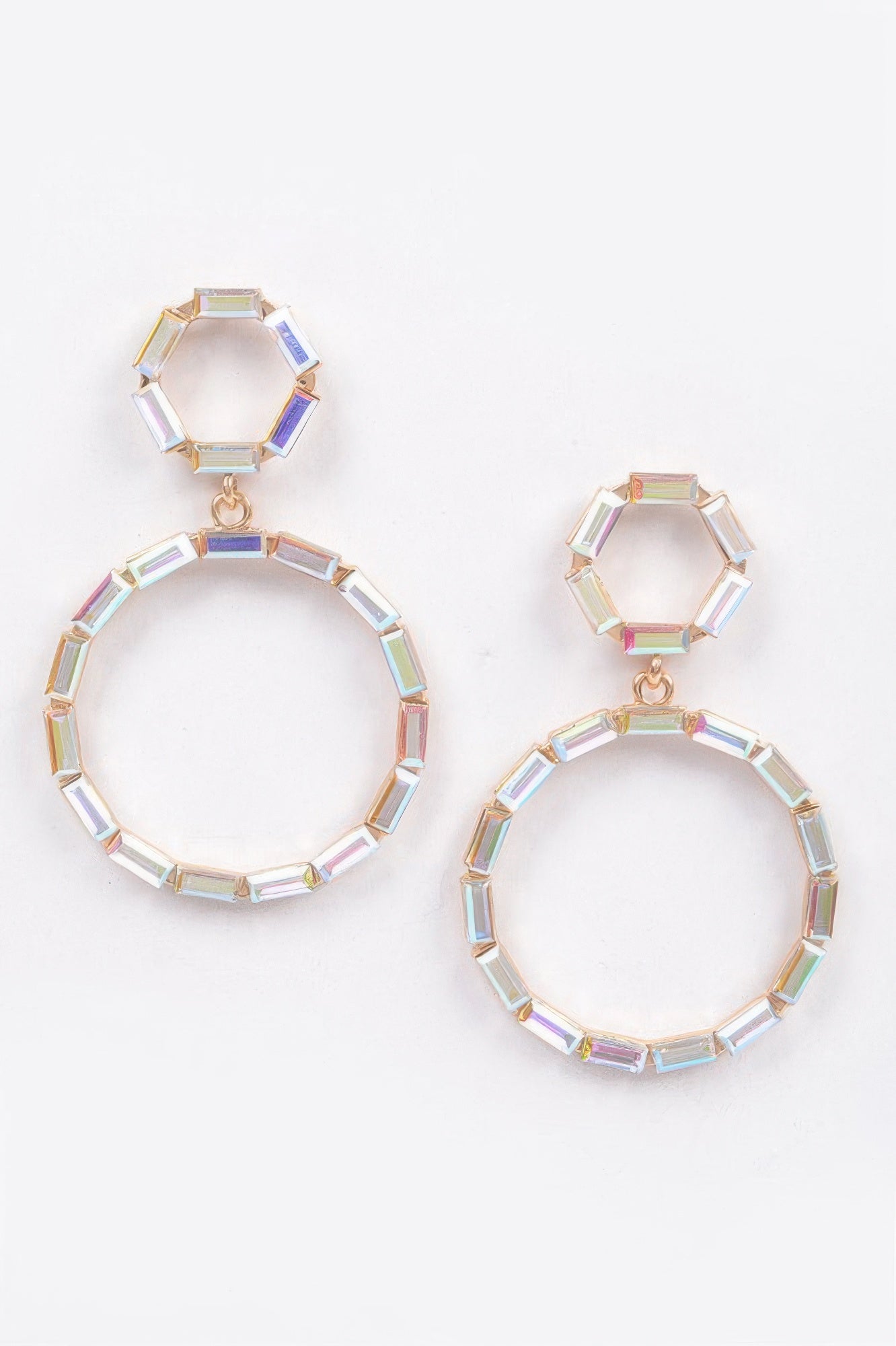 Double circle dangle rhinestone earrings in multi-color AB with gold-tone hooks