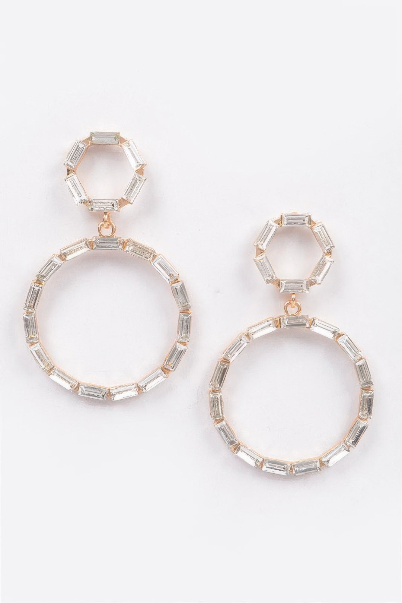 Double circle dangle rhinestone earrings in clear with gold-tone accents