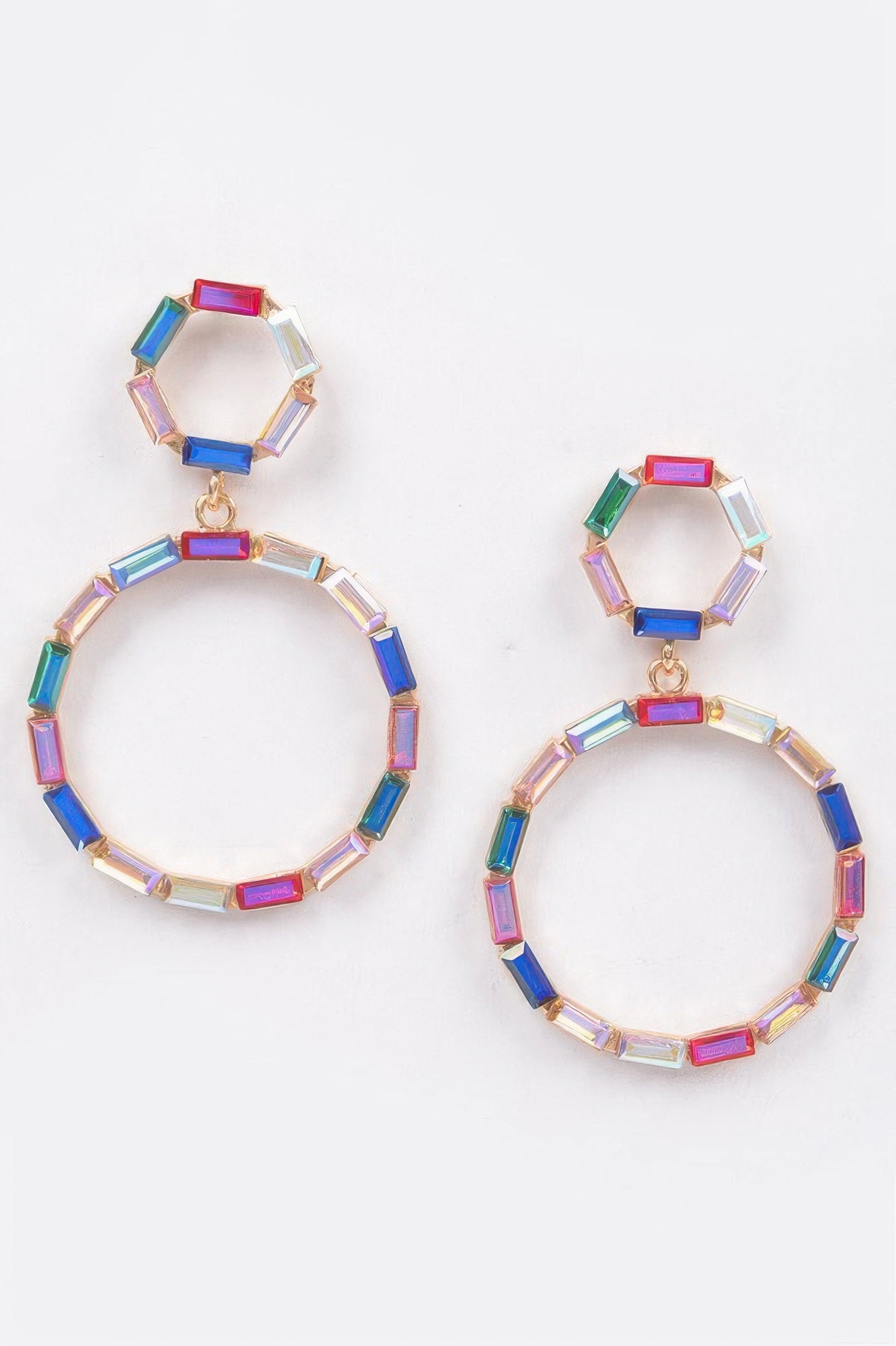 Double circle dangle rhinestone earrings in multicolor with pink and blue stones