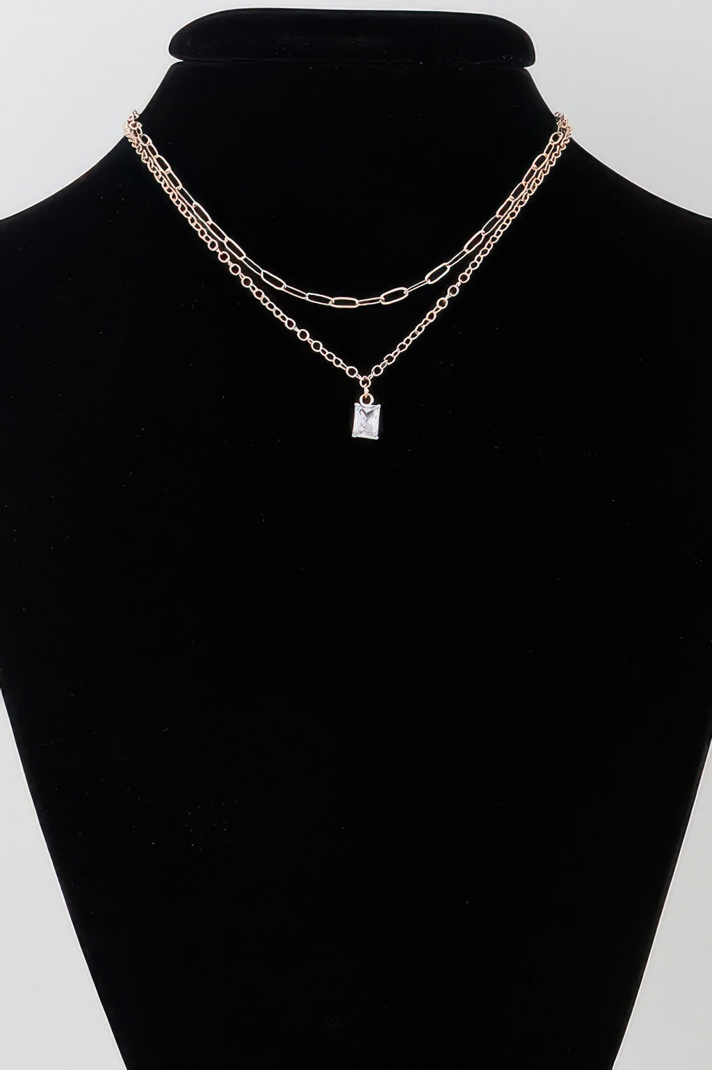 Gold double-layer chain necklace with clear cubic crystal square pendant