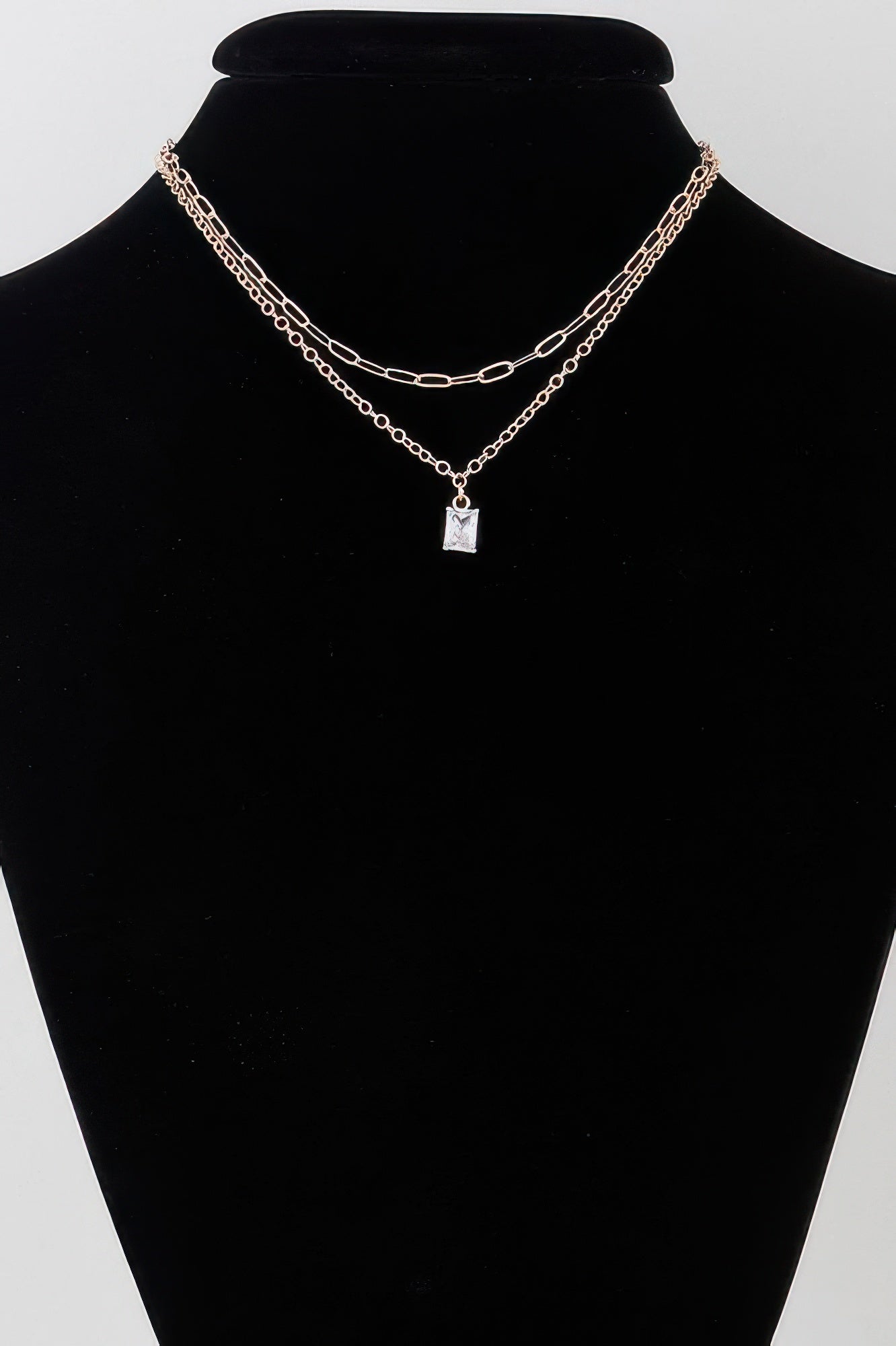 Gold double-layer chain necklace with clear cubic crystal square pendant