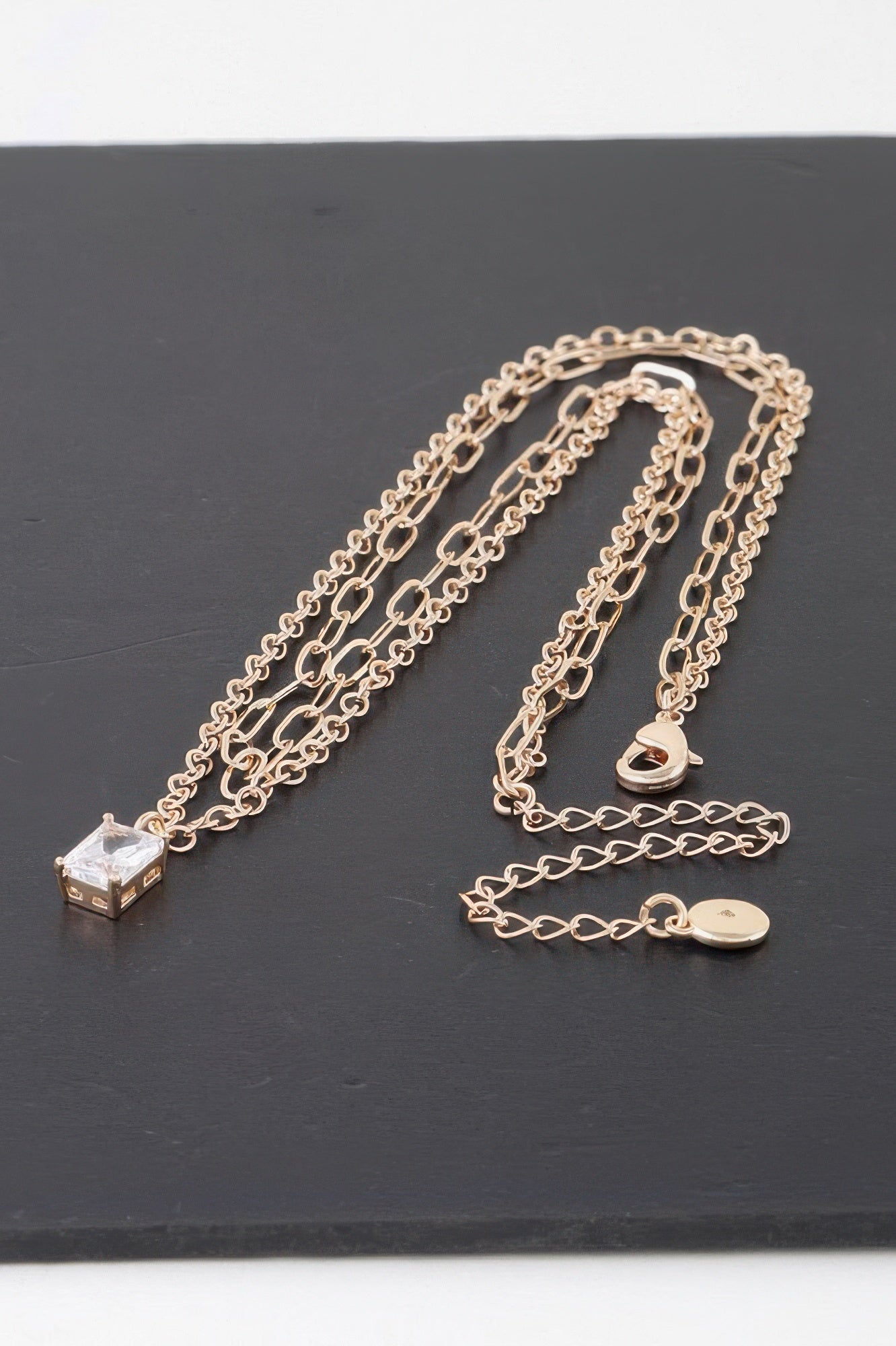 Gold double-layer cubic crystal chain necklace with heart charm and round tag