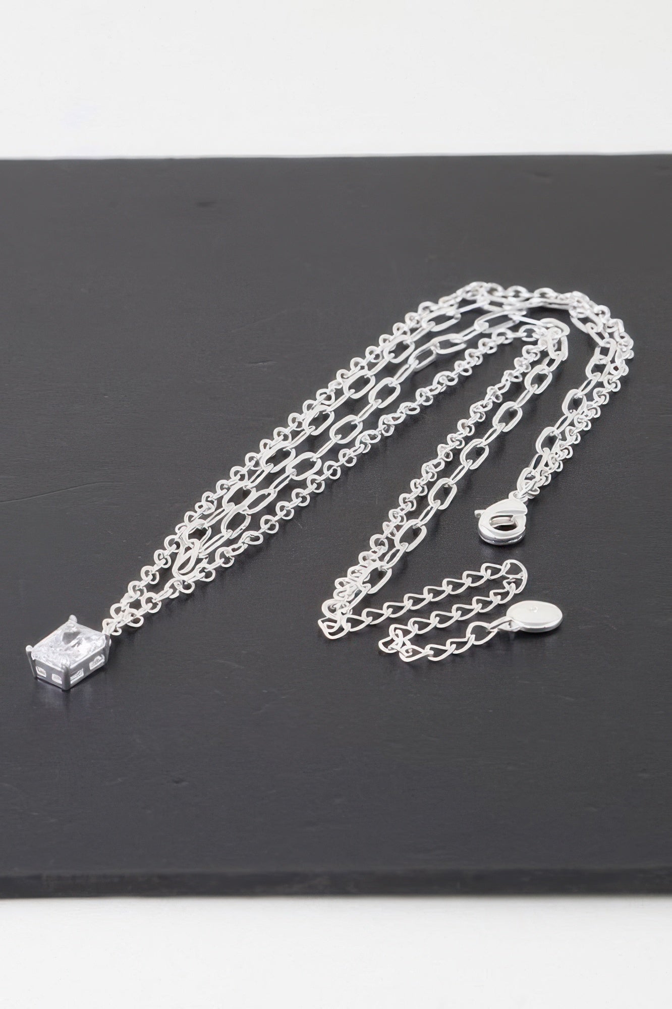 Silver double-layer cubic crystal chain necklace with clear square pendant and heart charm
