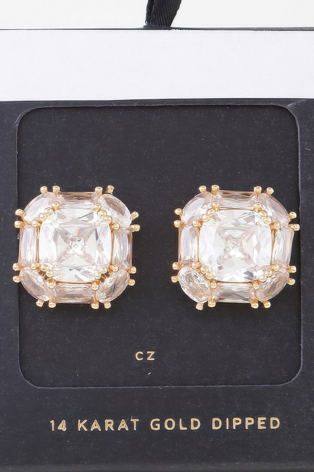 Double cubic rhinestone stud earrings, gold-tone with clear stones, square setting