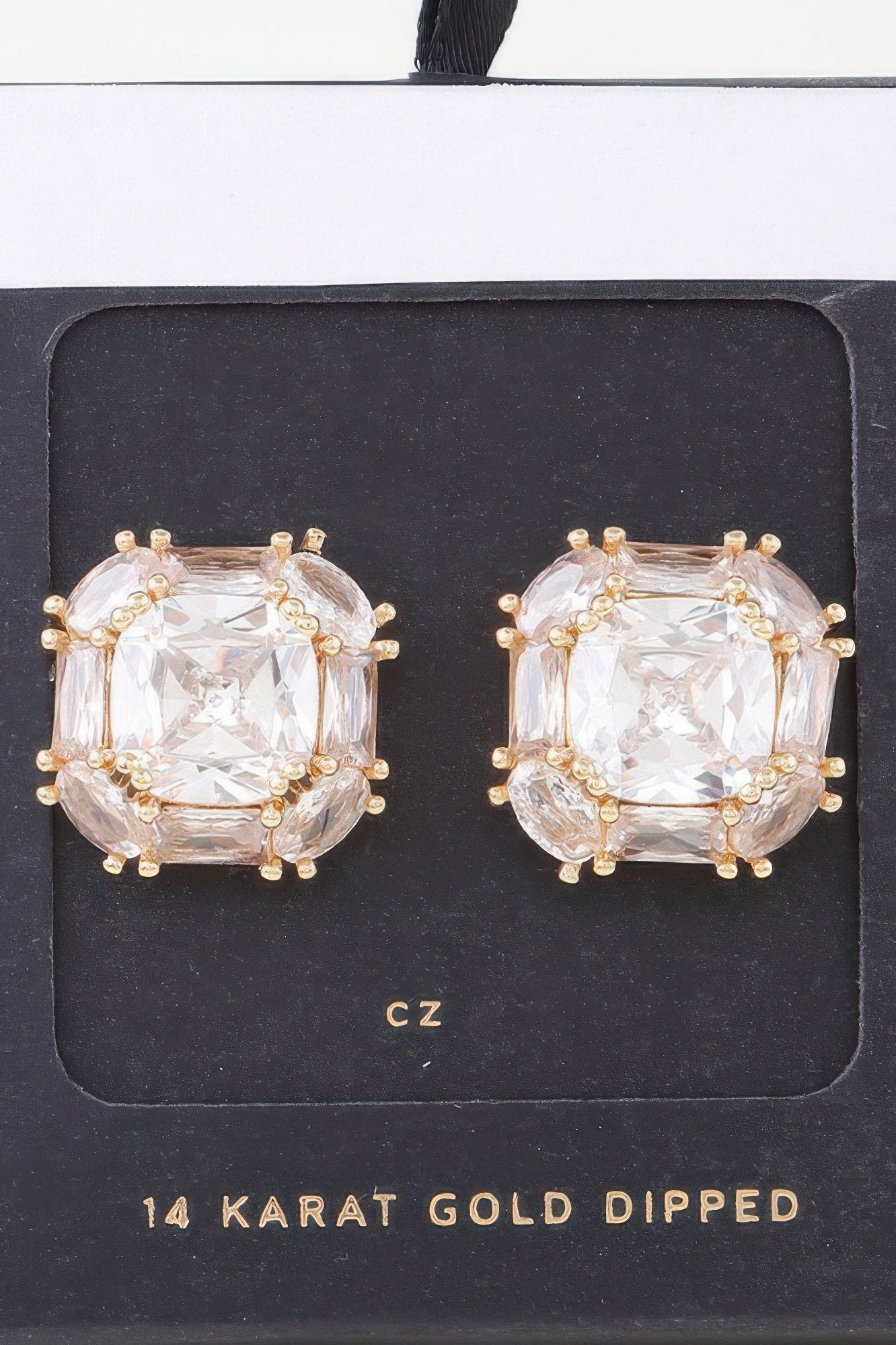 Double cubic rhinestone stud earrings, gold-tone with clear stones, square setting