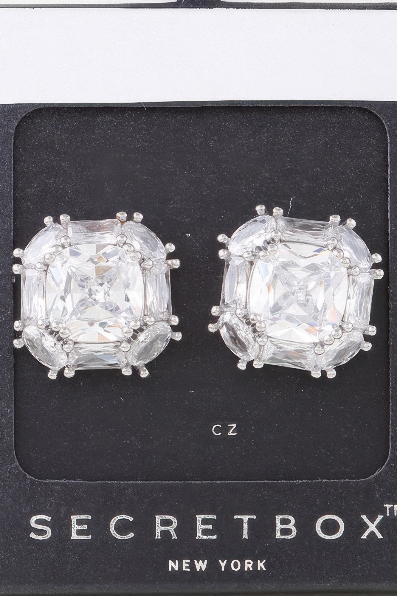 Double cubic rhinestone stud earrings, silver-tone with clear stones, round square bezel