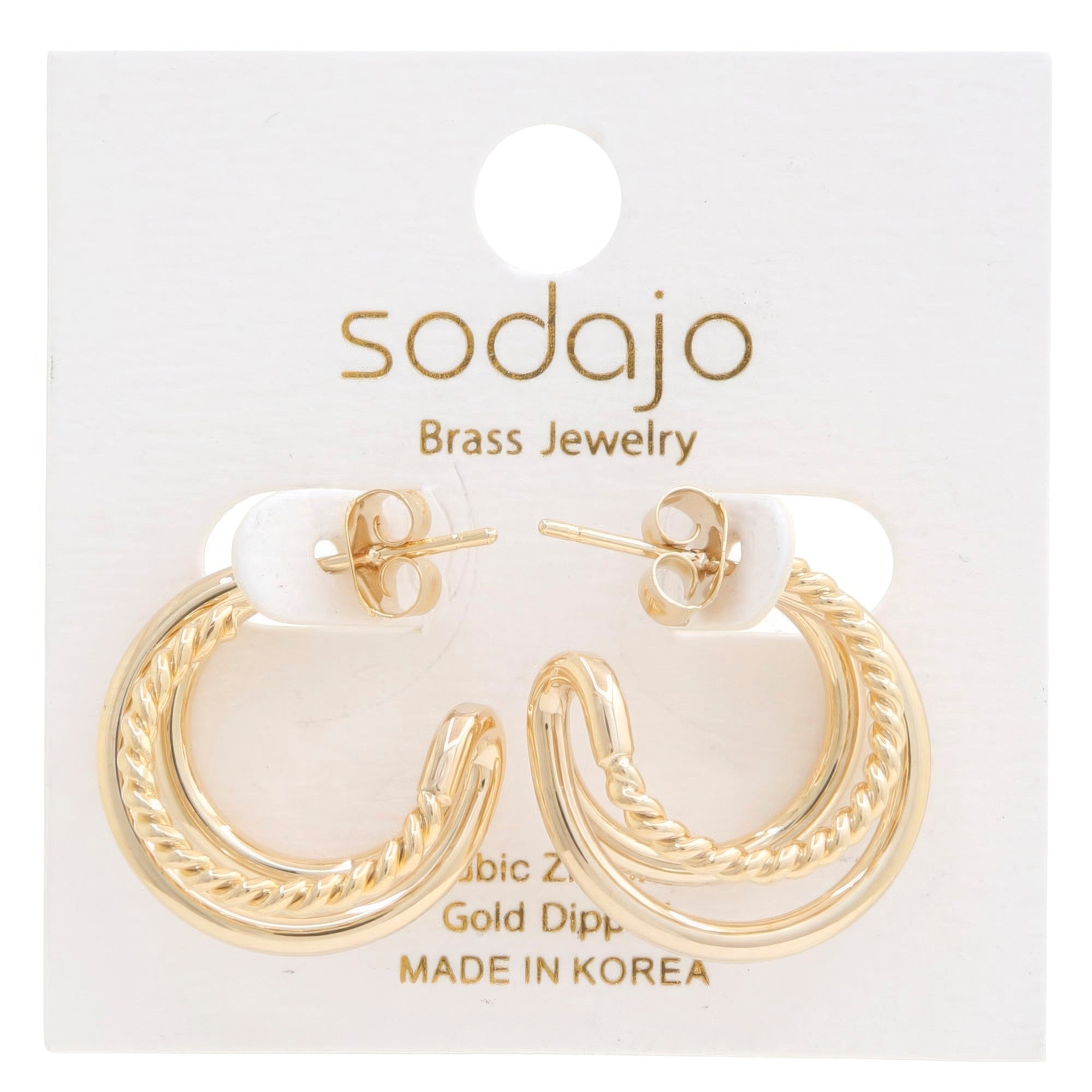 Gold double hoop rope-dipped earrings with ridged oval hoops and post backs