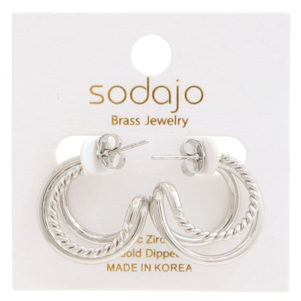 Rhodium double hoop rope-dipped earrings with ridged oval hoops and stud posts