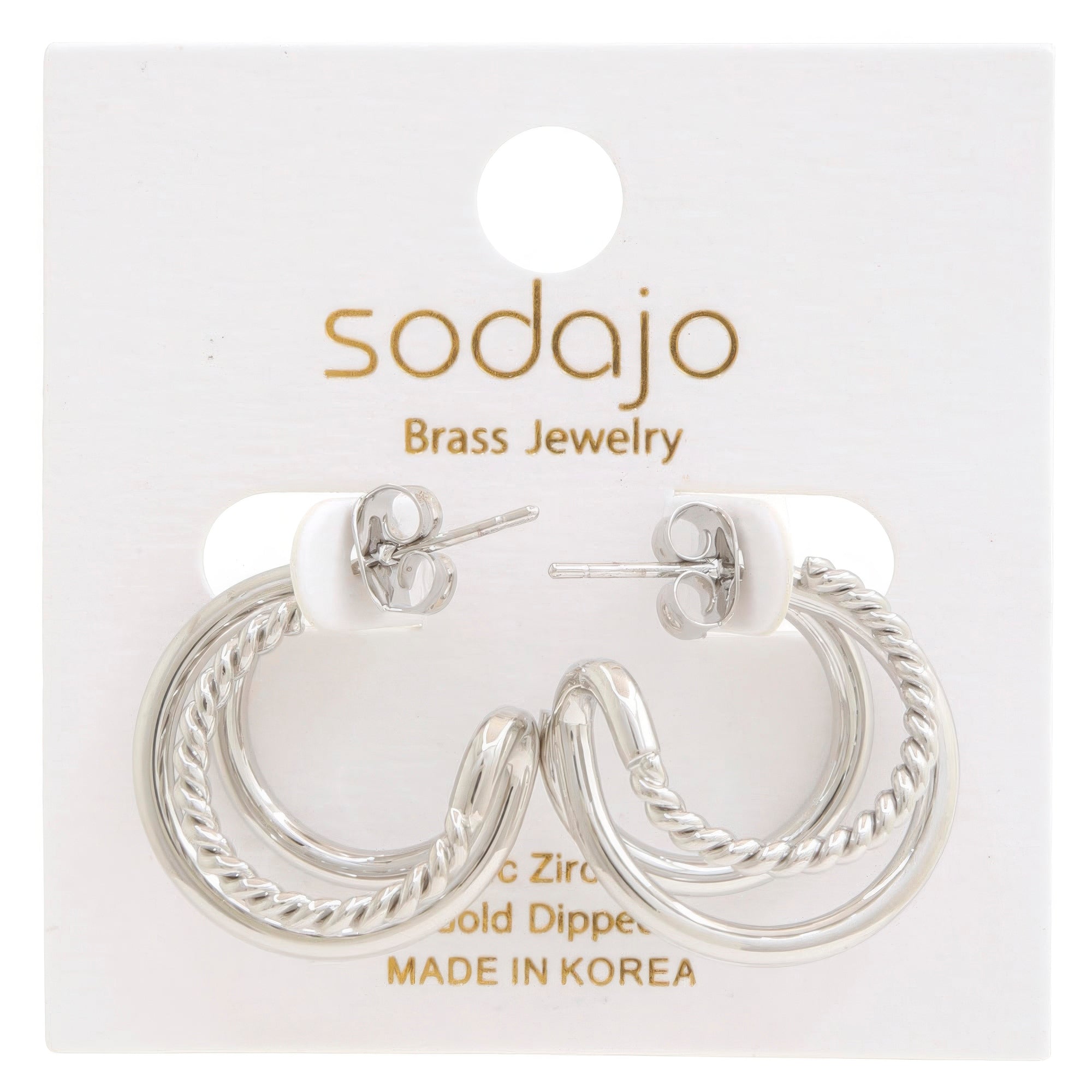 Rhodium double hoop rope-dipped earrings with ridged oval hoops and stud posts