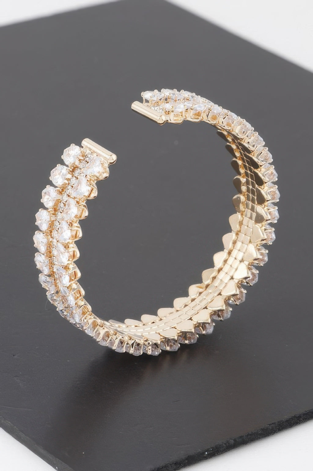 Double jeweled cuff bracelet, silver-tone frame with clear pavé crystal row