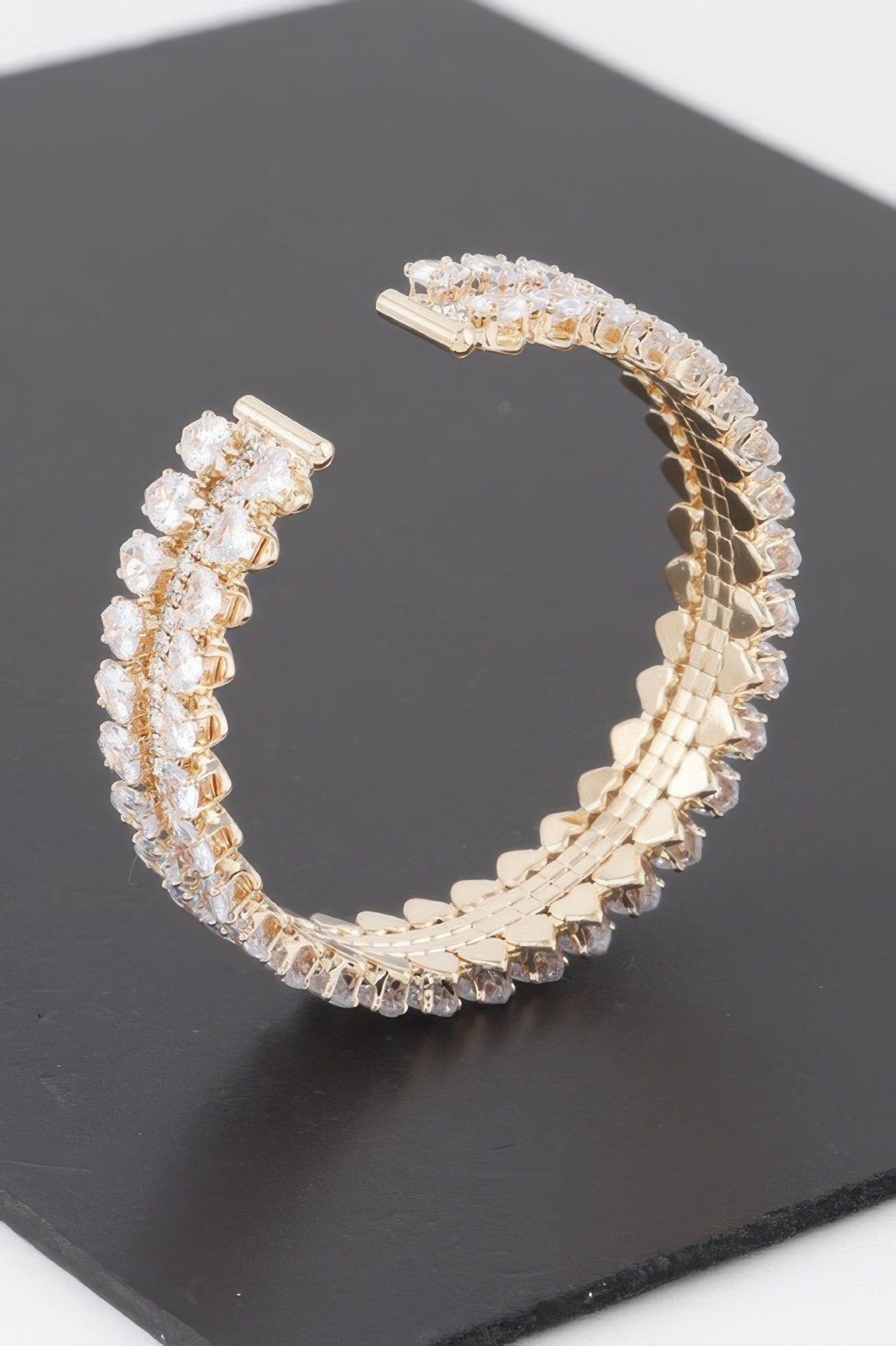 Double jeweled cuff bracelet, silver-tone frame with clear pavé crystal row