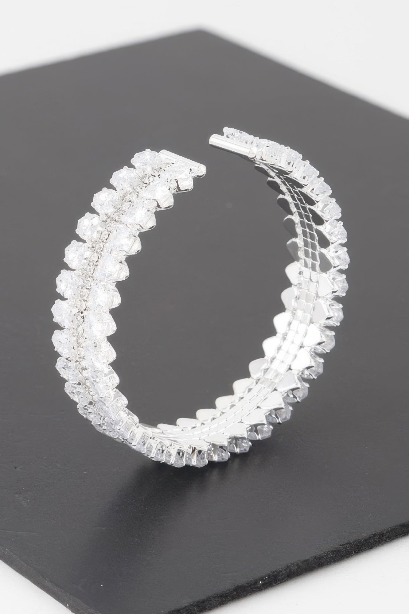 Double jeweled cuff bracelet, silver-tone cuff with clustered clear crystals