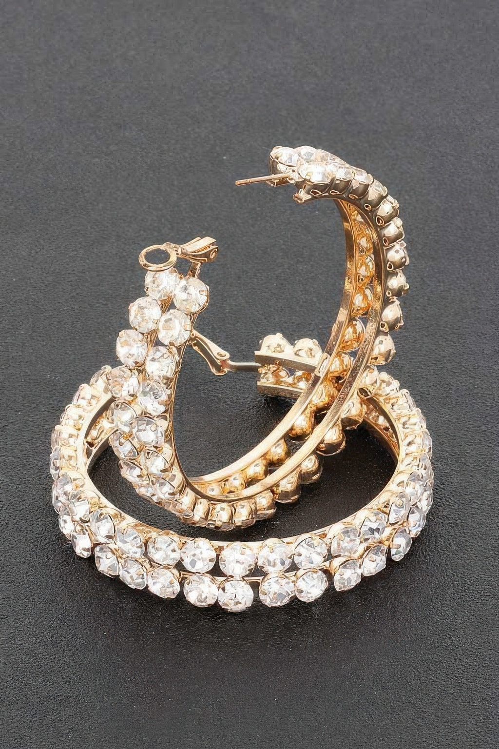 Gold double-layer rhinestone hoop earrings, scalloped round stones in two rows