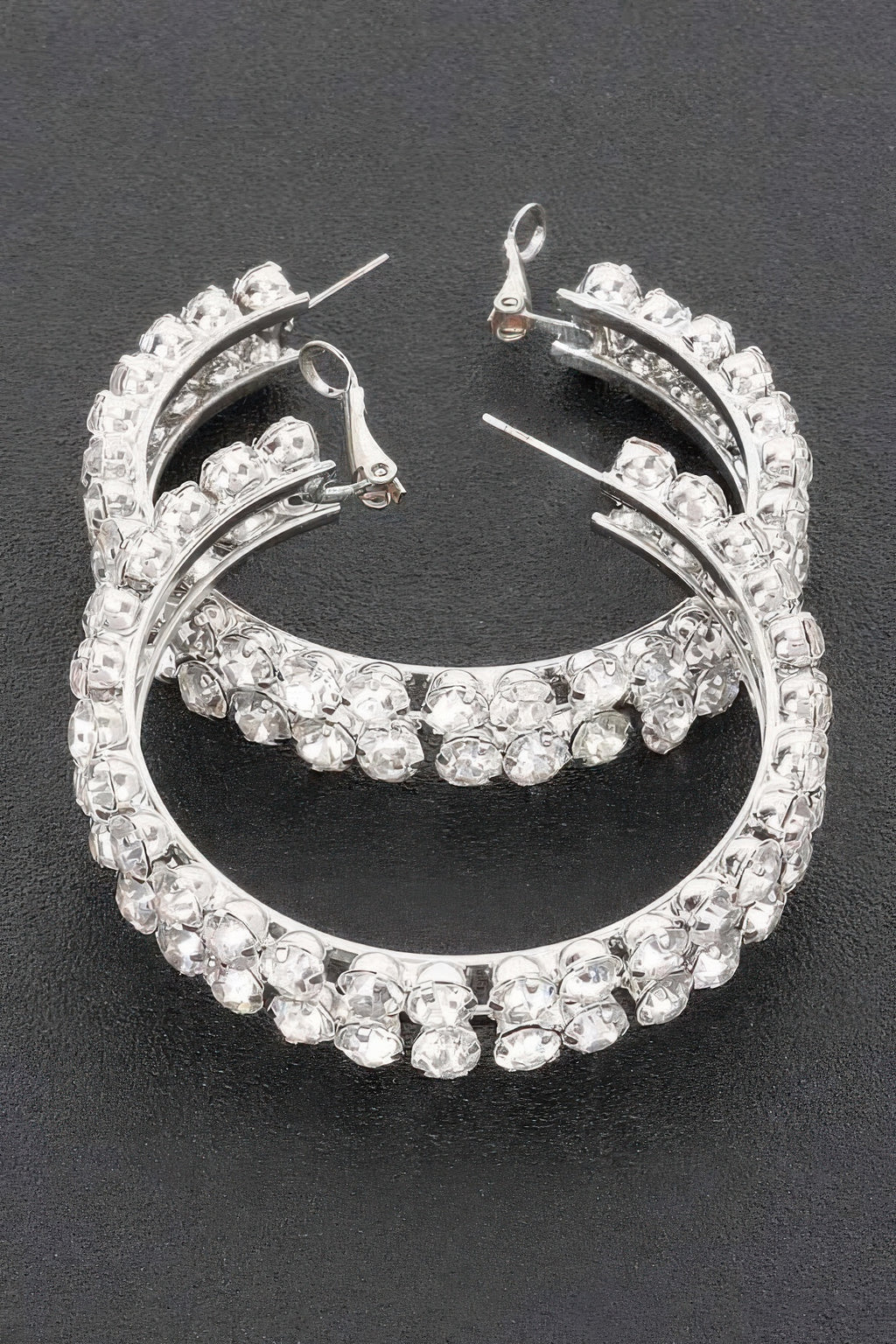 Silver double-layer rhinestone hoop earrings with arched wire and two stone bands