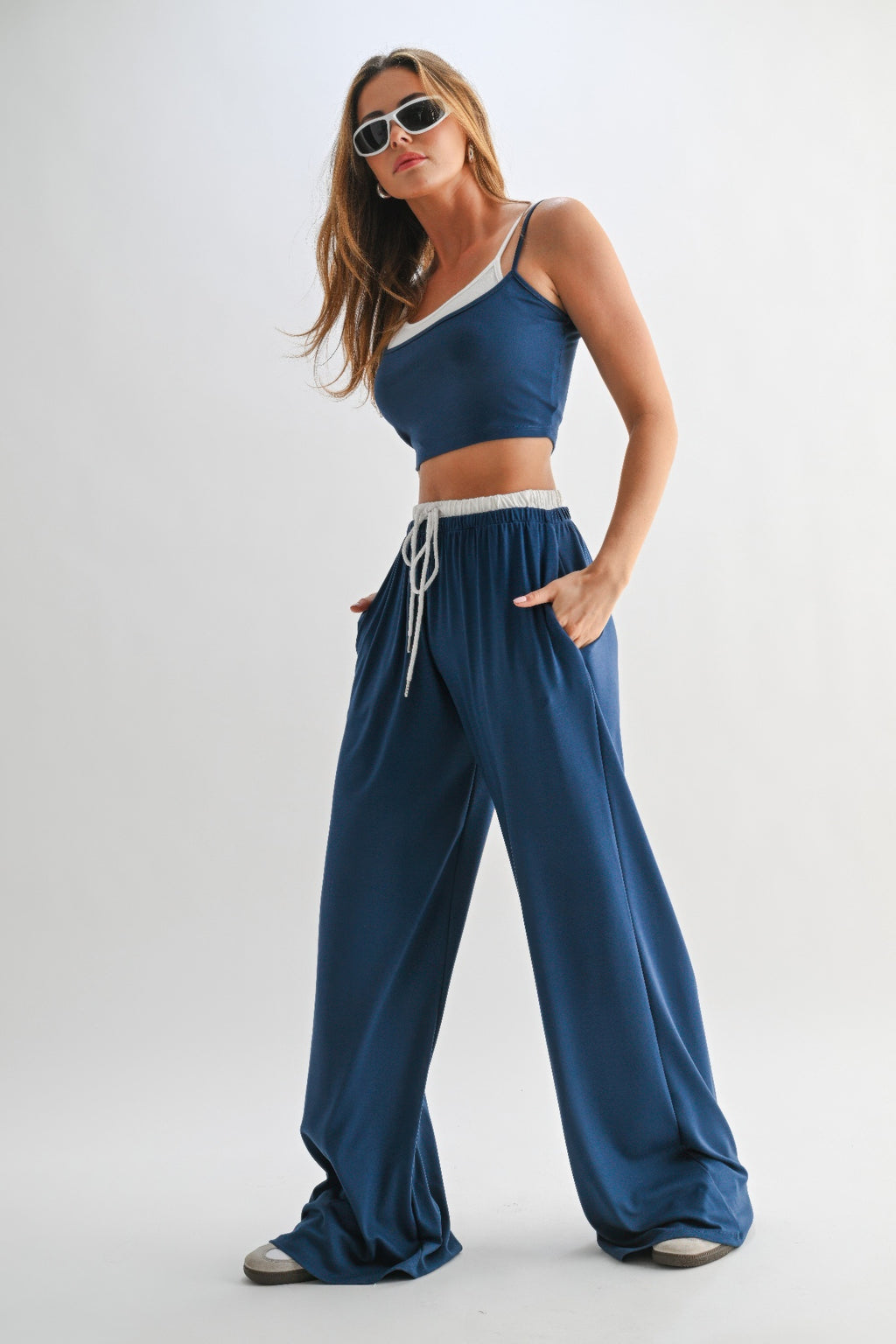 Navy crop top and wide-leg lounge pants set with elastic waist and white drawstring