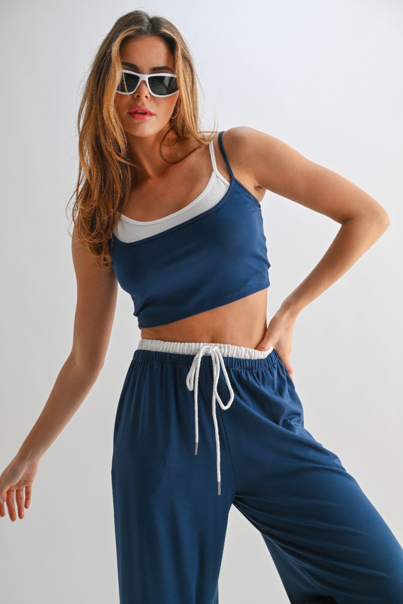 Blue lounge pants and crop top set, elastic waistband with white drawstring cords