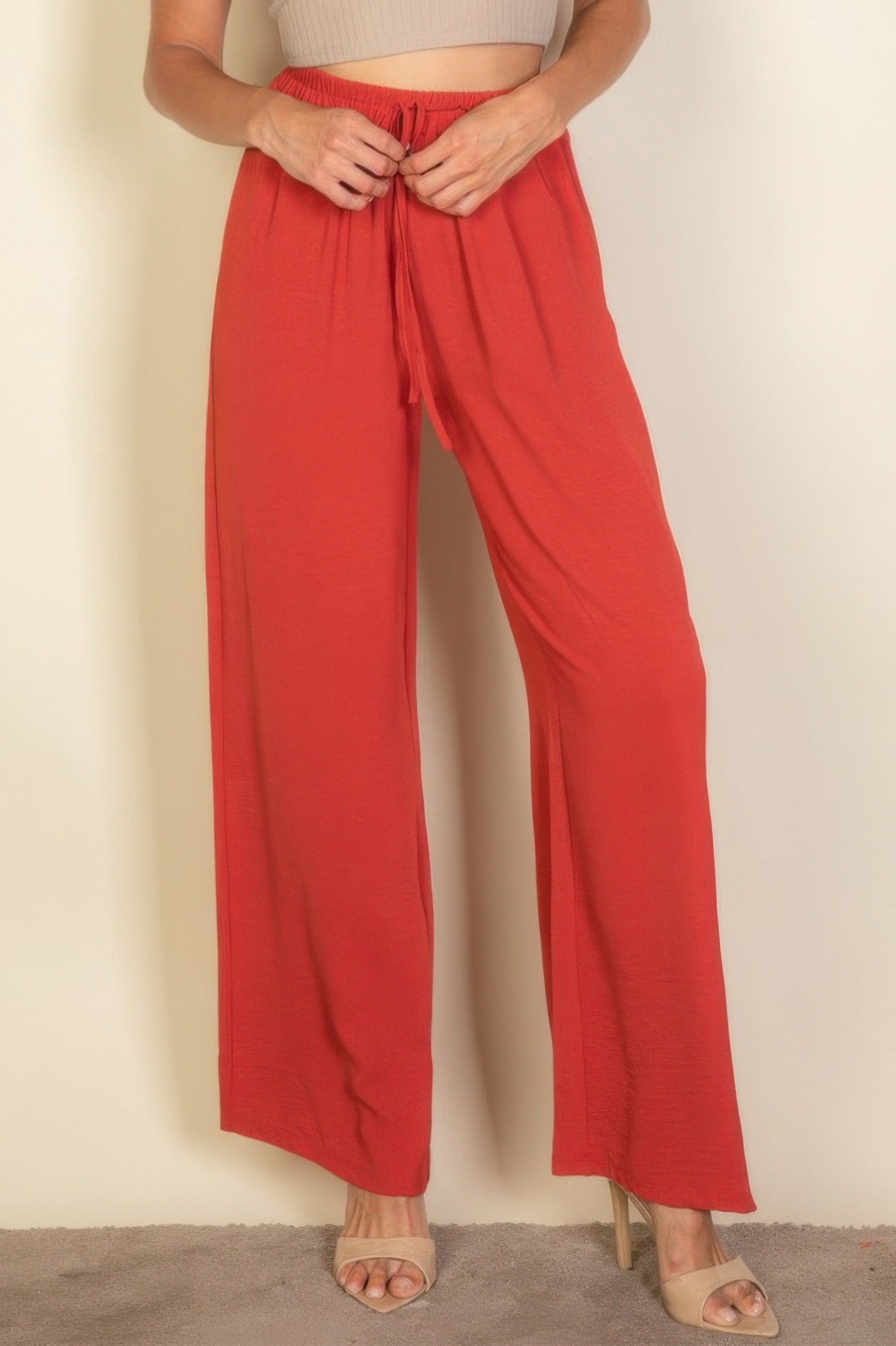 Drawstring waist wide-leg pants in burnt orange, relaxed fit