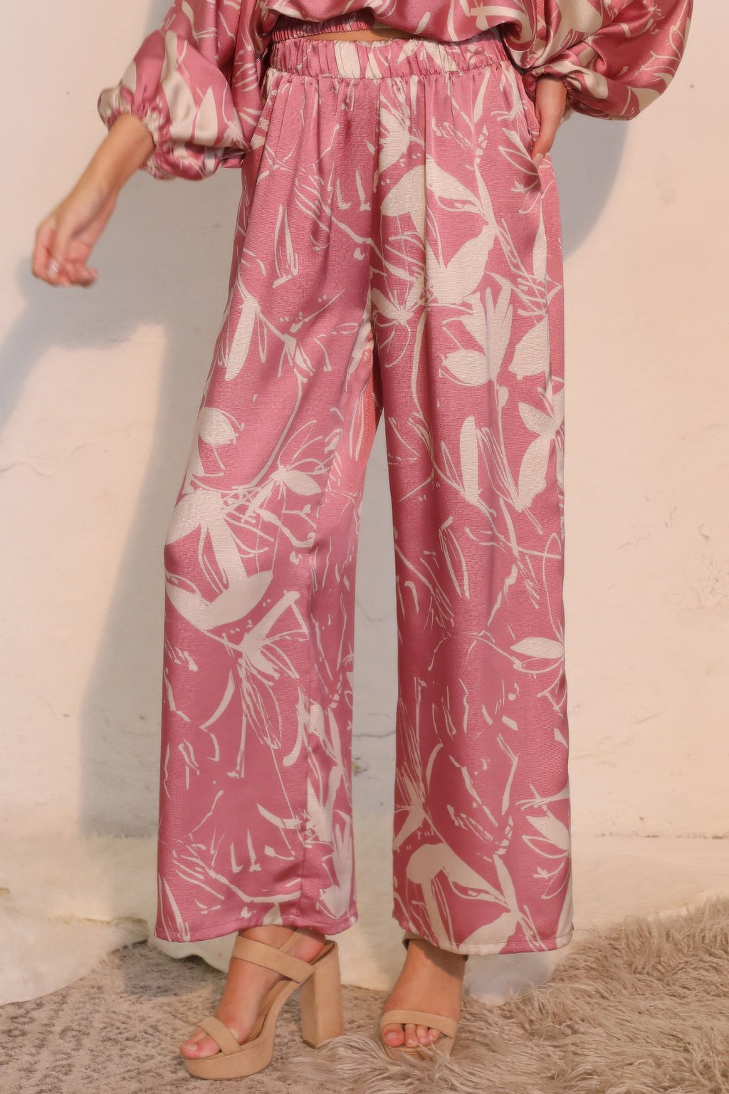 Dreaming Lily satin pocket pants, pink botanical print, elastic waist, wide-leg
