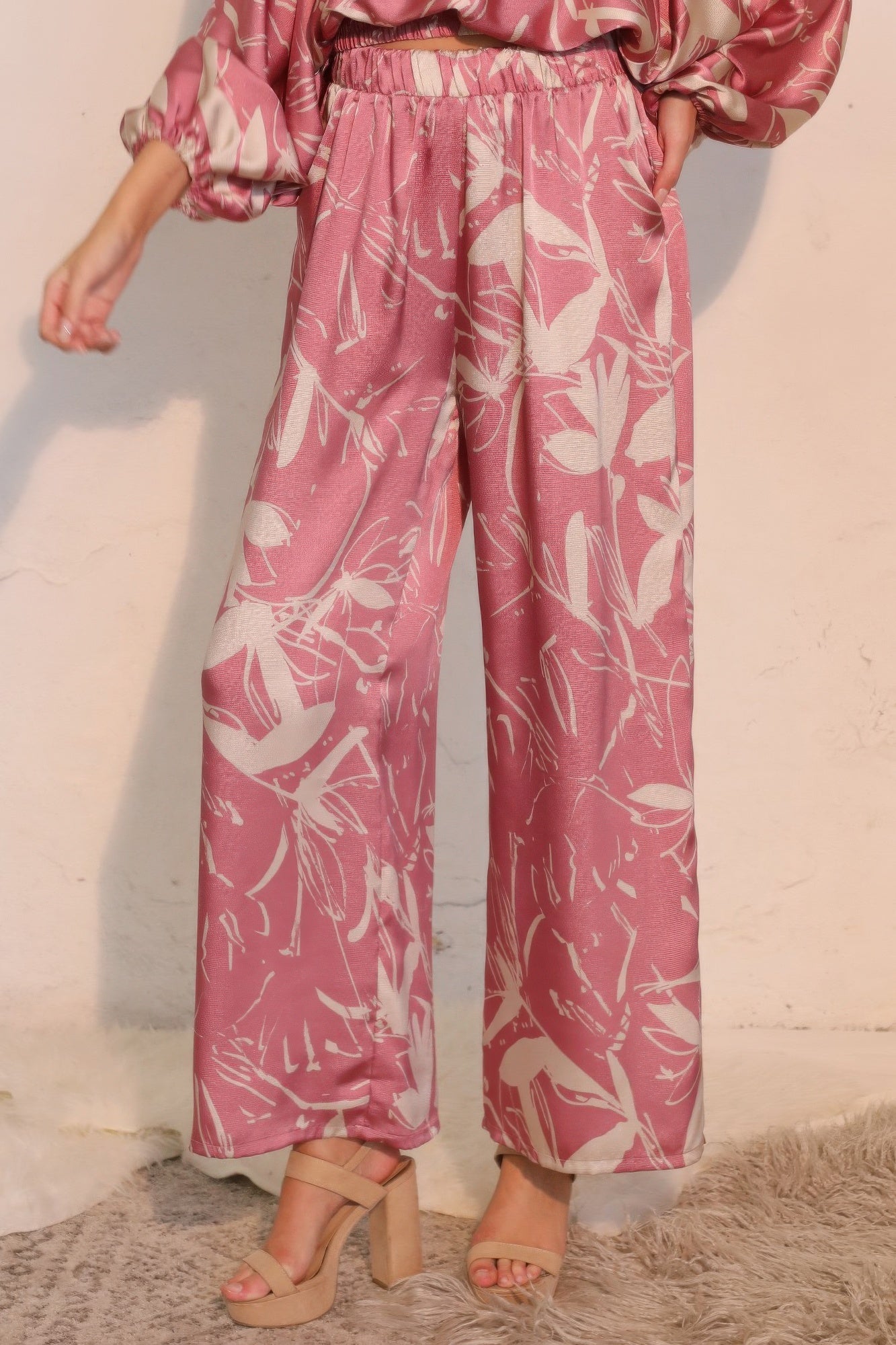 Dreaming Lily satin pocket pants, pink botanical print, elastic waist, wide-leg