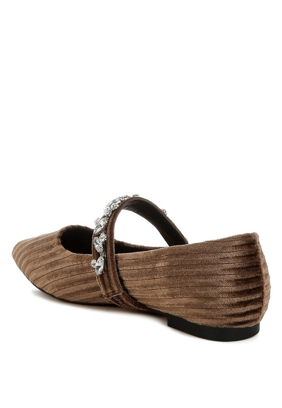 Brown velvet ballerinas with diamante brooch strap and low block heel
