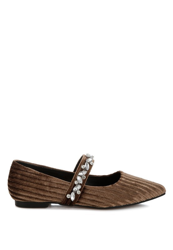Brown velvet ballerinas with diamante brooch strap and textured ribbed fabric
