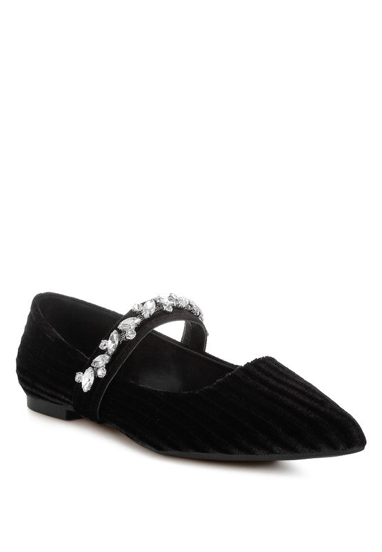 Black velvet ballerinas with diamante brooch strap and low block heel