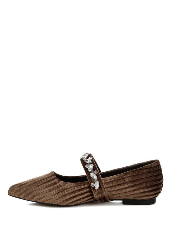 Brown velvet ballerinas with diamante brooch strap and low block heel