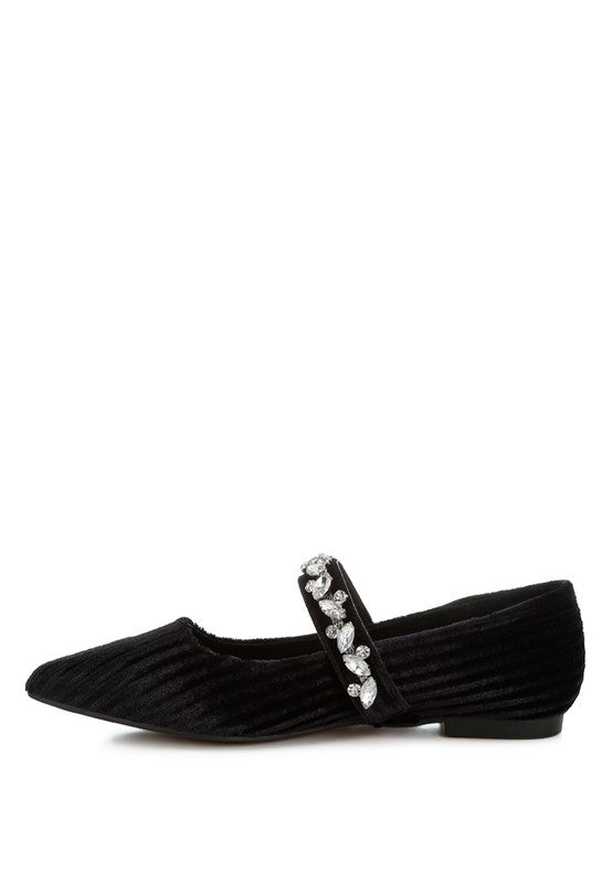 Black velvet ballerina, side view, rhinestone strap across the upper