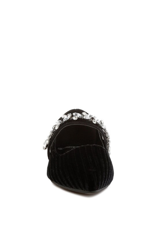 Black velvet ballerinas, back view, rhinestone-trimmed arch strap at the top