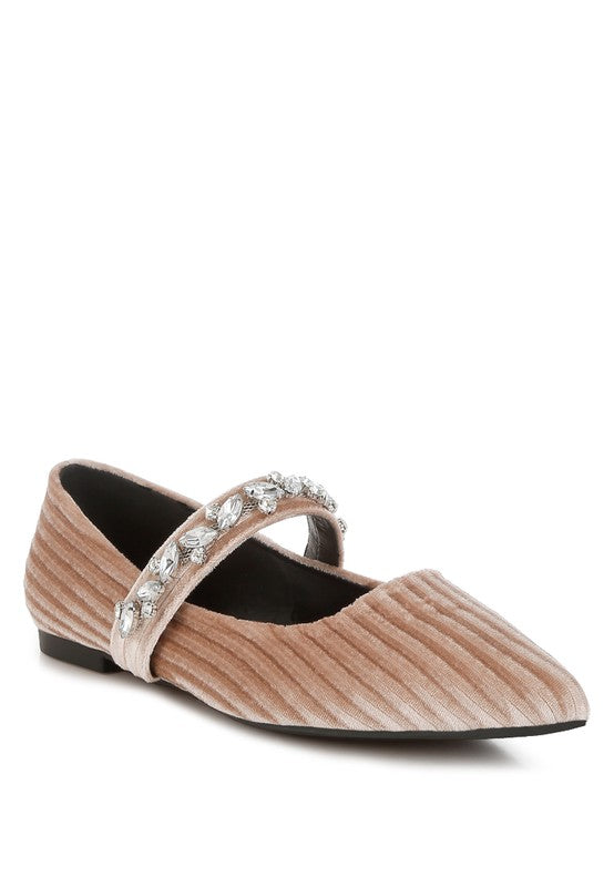Beige velvet ballerina with rhinestone trim on the upper and flat sole