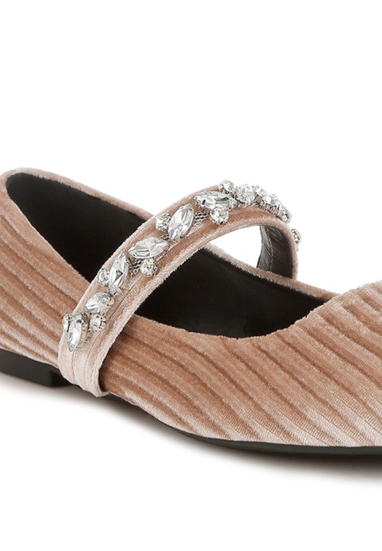 Beige velvet ballerina close-up: rhinestone trim along the arched strap