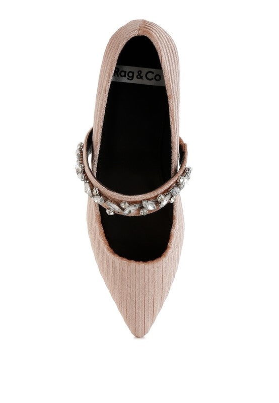 Beige velvet ballerina with crystal ankle trim and pointed toe, Rag & Co inside